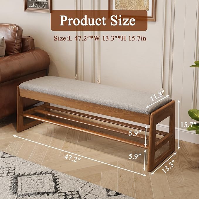 Shoe Rack Bench with Cotton-Linen Cushion 2-Tier Wooden Storage Bench 550lbs - Image 2
