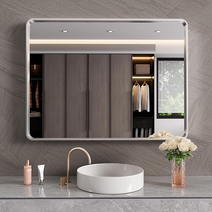 Brushed Nickel Bathroom Mirror 48x30 Inch, Brushed Silver Metal Frame Mirror - Image 2