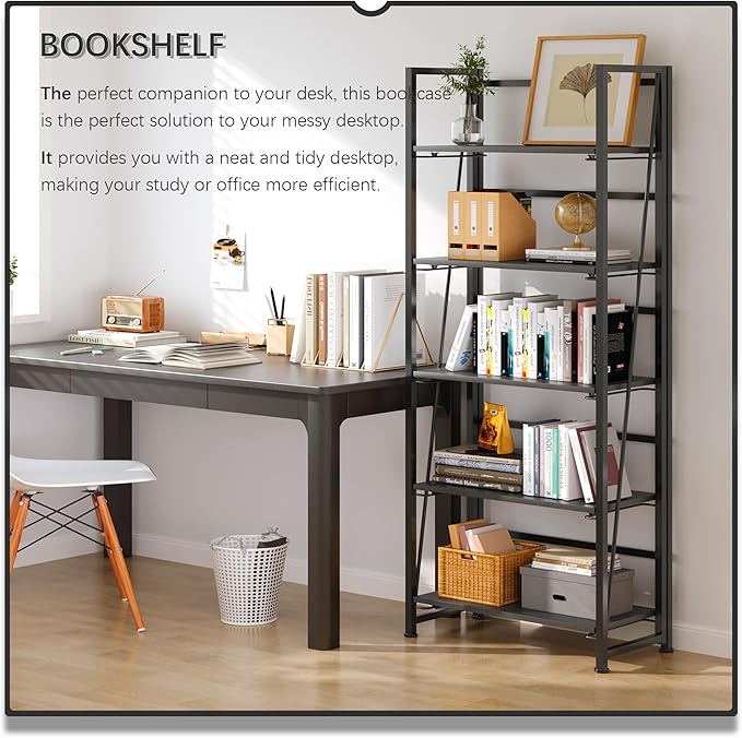 4NM No Assembly Folding Bookshelf, 5-Shelf 62.2" H Collapsible Foldable - Image 3