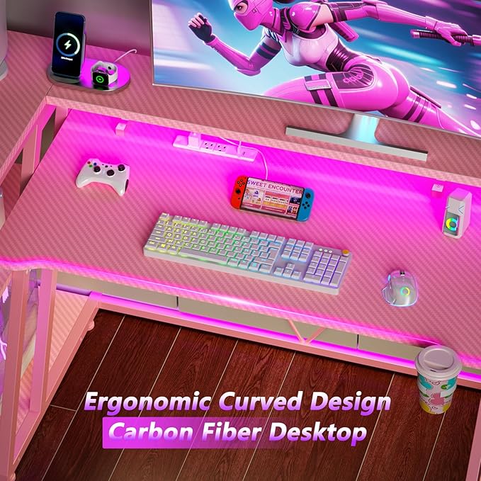 55 Inch Pink Gaming Desk with Power Outlet & LED Lights, Corner Computer Desk - Image 8