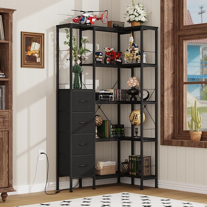 Corner Bookshelf with LED Light Strips & 4 Fabric Drawers, 5-Tier Convertible - Image 5