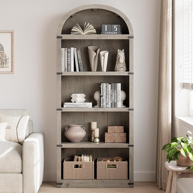 GarveeHome Bookcase 5 Shelf Arched Bookshelf 71.65in Tall Bookcase Farmhouse - Image 3