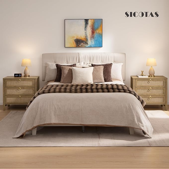 SICOTAS Night Stand with Drawers, Large Rattan Bedside Table with Golden Handle - Image 4