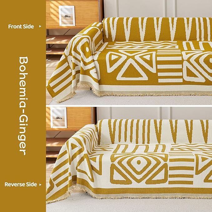 STACYPIK Mustard Yellow Boho Sofa Cover Couch Cover Reversible Jacquard - Image 3
