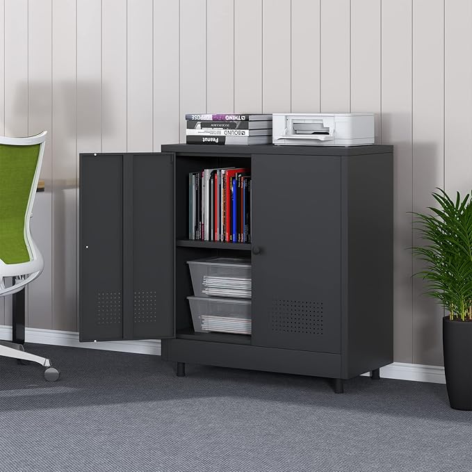 Metal Storage Cabinet with 2 Doors and Adjustable Shelf, Steel Accent Sideboard - Image 2