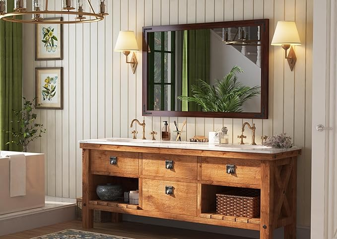 VocalStar Rustic Wood Framed Mirror 48 x 32 Inch, Natural Dark Brown Wooden - Image 2