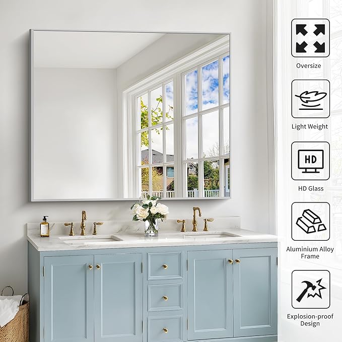 40x48inch Silver Bathroom Mirror, Large Rectangular Wall Mirrors - Image 4