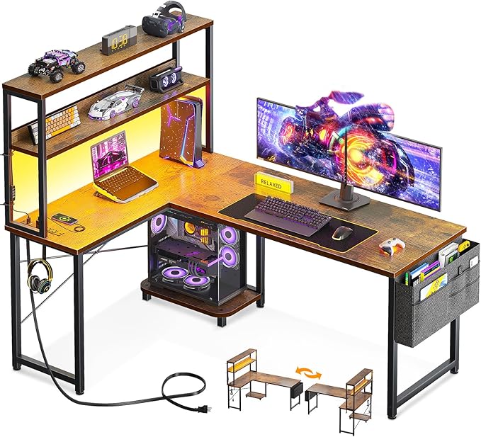 ODK 53 Inch L Shaped Desk with LED Lighting, Reversible Gaming Desk with Power by ODK
