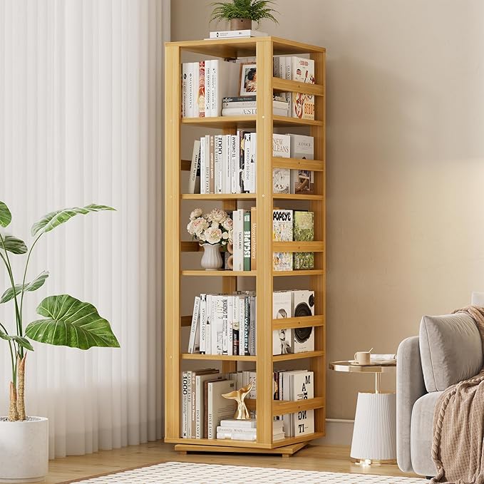Homykic Rotating Bookshelf, Bamboo 360 Display Spinning Bookshelf Tower - Image 2