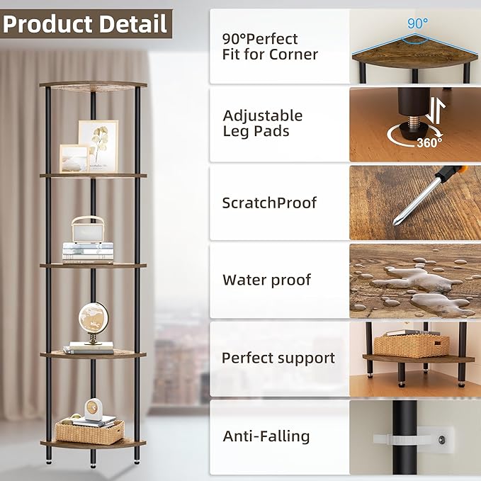 5 Tier Corner Shelf, Bookcase for Small Spaces, Corner Display Shelf, Plant - Image 3