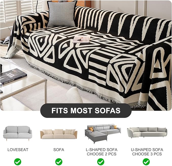 STACYPIK Boho Black Beige Couch Cover Wrinkle Resistant Sofa Cover - Image 9