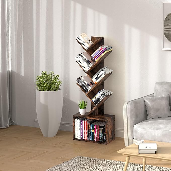 6 Tier Tree Bookshelf, Sturdy Retro Floor Standing Wood Bookcase, Storage Rack - Image 8