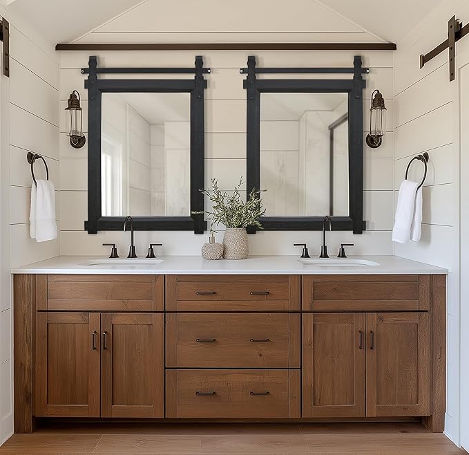 Farmhouse Barn Door Mirror: 22"x30" Black Rustic Wood Frame Mirror - Image 3
