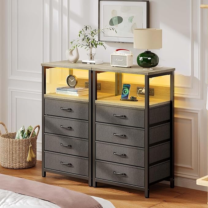 Seventable Night Stand with Charging Station, Tall Nightstand with 4 Fabric - Image 2