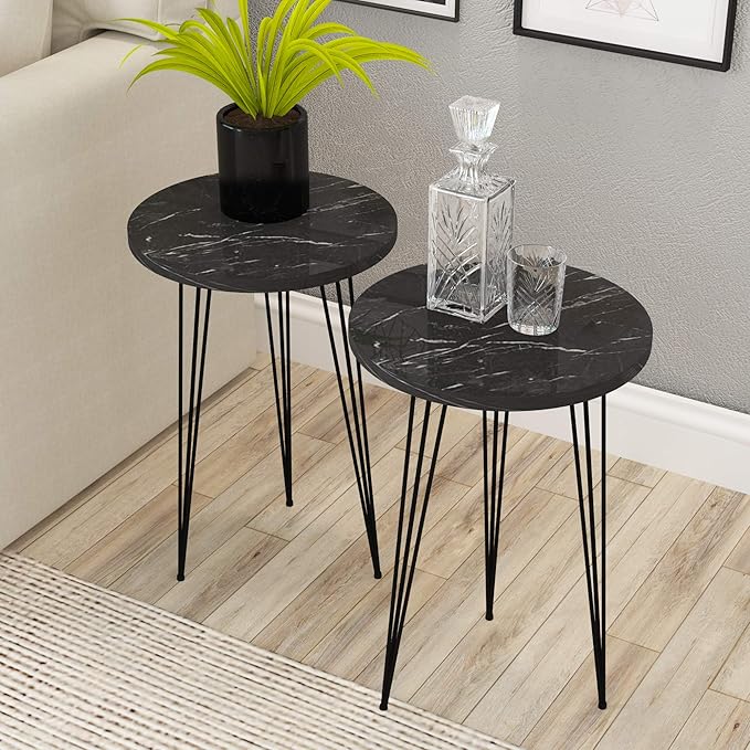 PAK HOME Set of 2 Black Marble End Tables Round Wood Sofa Side Coffee Tables by PAKHOME