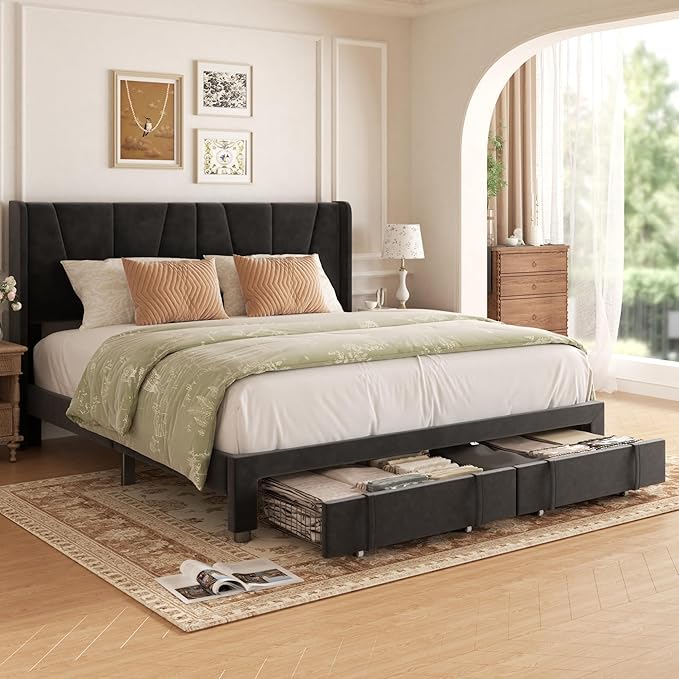 King Bed Frame with Storage Drawers, Upholstered Platform Bed with Headboard by VIPLOV