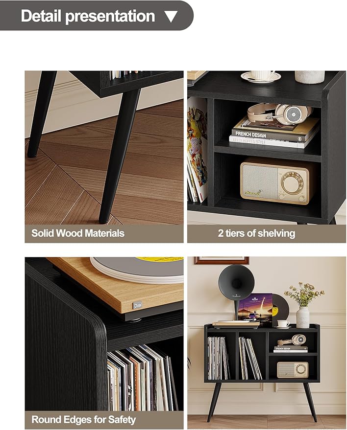Record Player Stand with Vinyl Storage, Turntable Stand with Solid Wood Legs - Image 8