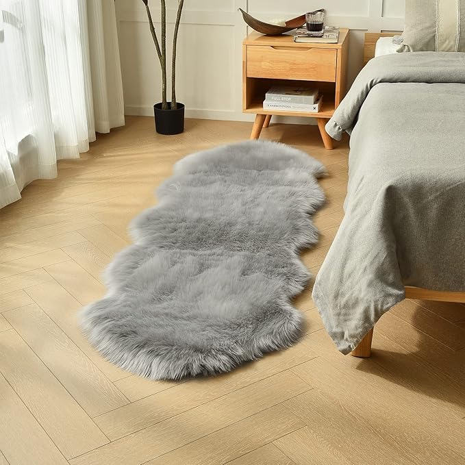 duduta Grey Faux Sheepskin Runner Rugs 2x6 ft, Fluffy Shag Bedroom Rug Decor - Image 6