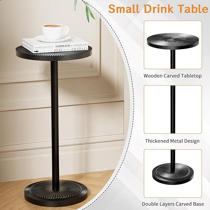 Carved Drink Table, Round Small Side Table - Image 3