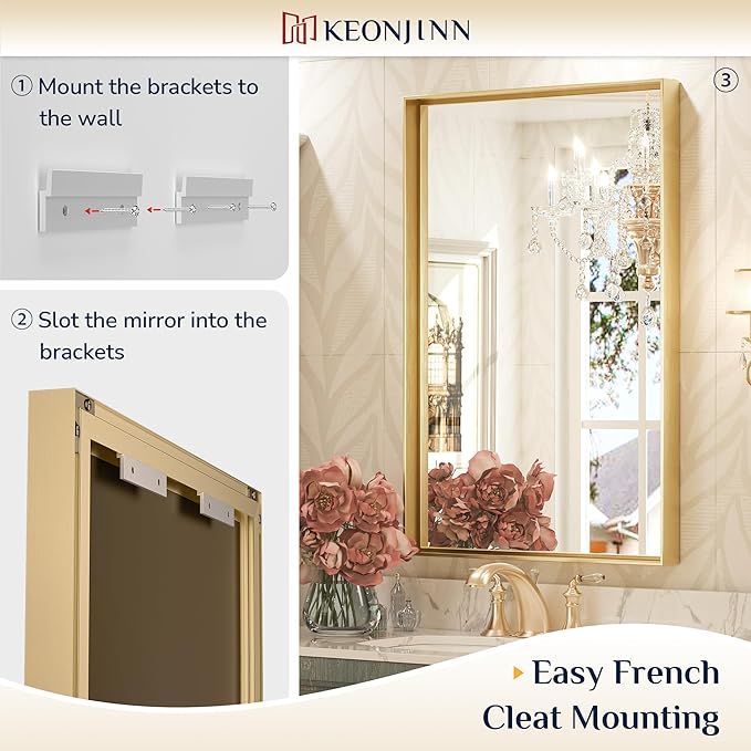 Keonjinn Brushed Gold Bathroom Mirror 42 x 36 Inch Metal Frame Rectangular - Image 4