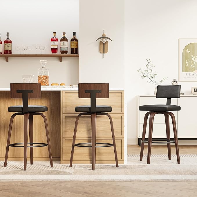 IRONCK Counter Height Bar Stools Set of 2, Wood Texture Bent Legs, Mid-Century by IRONCK