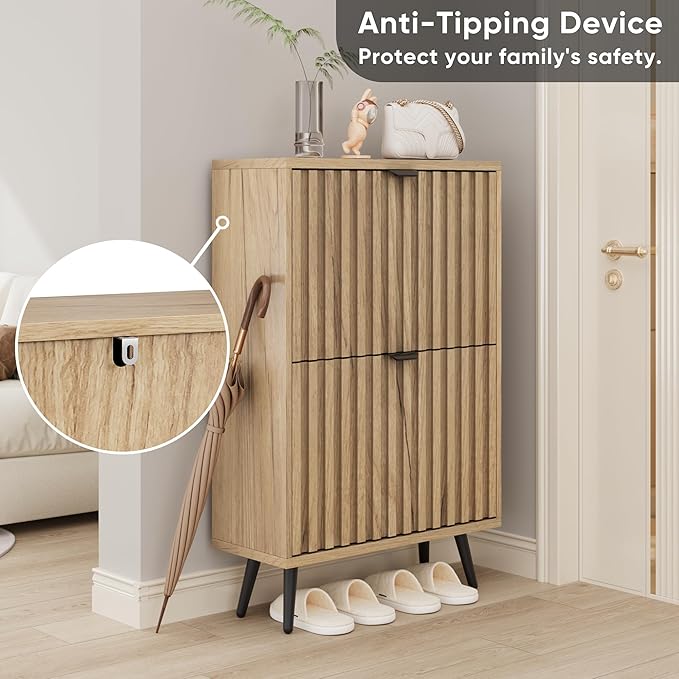 Smuxee Shoe Cabinet with 2 Flip Drawers, 23.6" Natural Hidden Shoe Storage - Image 6