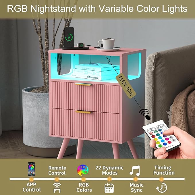 Pink Nightstand with Charging Station and LED Lights, Modern Bedside Table with - Image 5