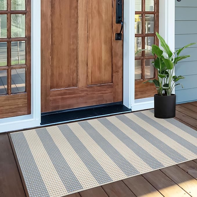 OJIA Outdoor Porch Rug Front Door Mat 24'x51, Washable Checkered Entry Striped by OJIA