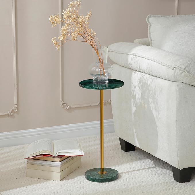 Φ9.8-inch Marble Round Drink Table, Stone Finish Pedestal End Table by Hmjeae
