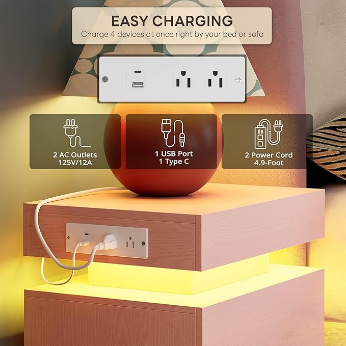 LIKIMIO Night Stand with Charging Station, Modern Pink Nightstand with LED - Image 5