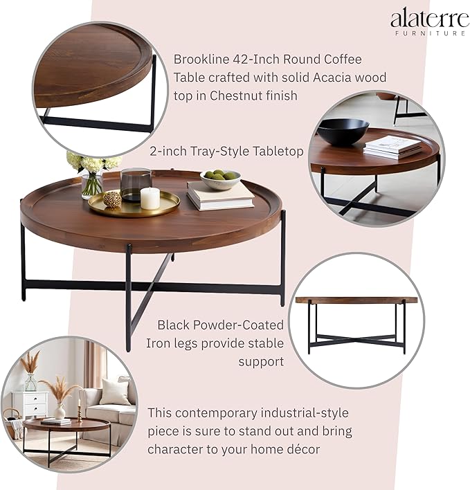 Brookline Solid Acacia Wood 42-Inch Round Coffee Table - Image 4