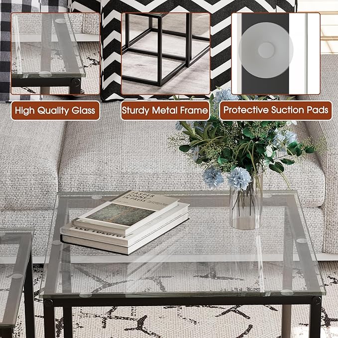 VILAWLENCE Coffee Table Set of 2, Modern Black Glass Side Table, Metal Frame - Image 8