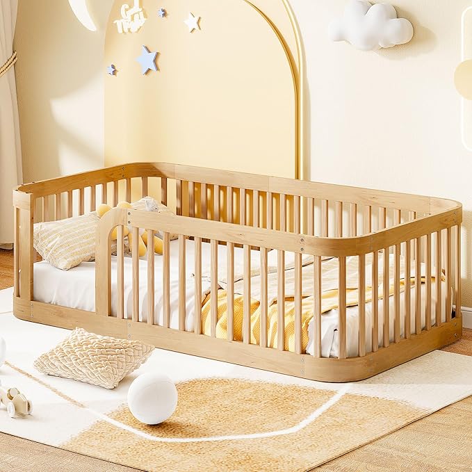 Bellemave Twin Floor Bed with High Fence and Rounded Corner Design, Wood by Bellemave