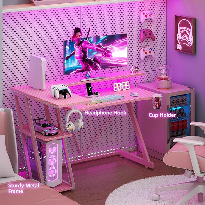 40 Inch Pink Gaming Desk with Power Outlet & LED Lights, Corner Computer Desk - Image 6