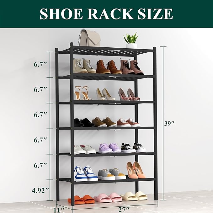 Smiry Shoe Rack, 6 Tier Thick Bamboo Shoe Organizer, Stackable Free Standing - Image 2