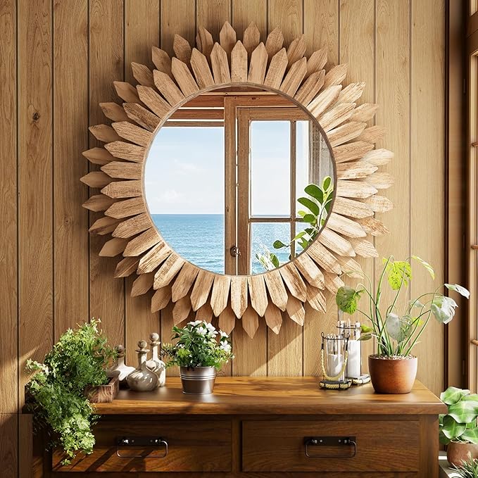 24 Inch Brown Boho Wall Decor Sunburst Mirror - Image 2