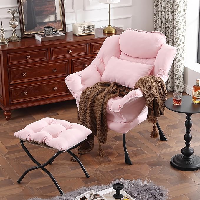 Lazy Chair with Ottoman, Modern Accent Chair with Lumbar Pillow, Comfy Chairs - Image 3