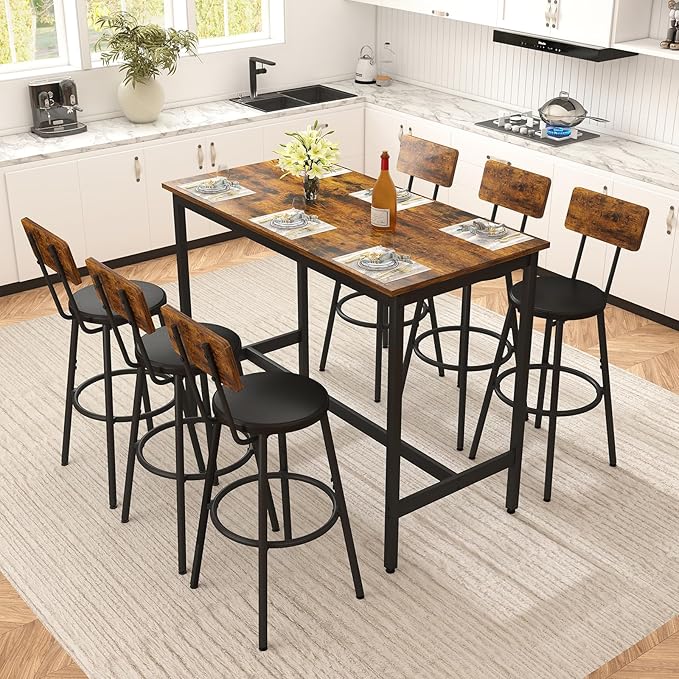 Rovibek Dining Table Set for 6, Bar Table and Chairs Set, Modern 6 Piece High - Image 7