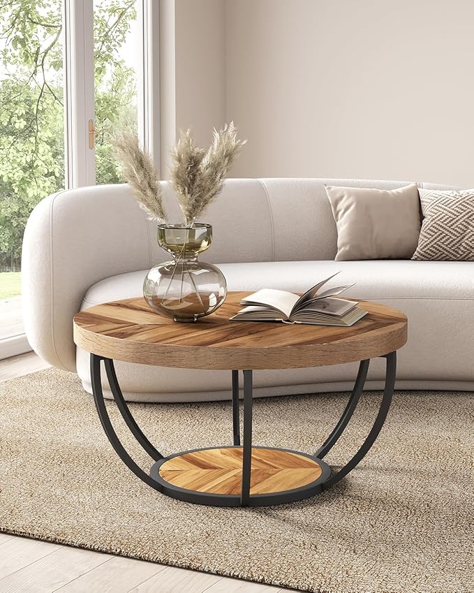 LITTLE TREE Round Coffee Table, 2-Tier Wood Accent Center Table - Image 4