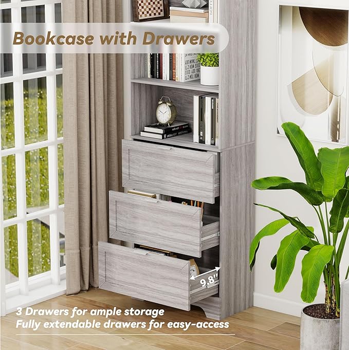 71'' Tall Bookshelf with Drawers, 6 Tier Wooden Bookcase Storage Organizer - Image 7