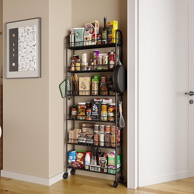 6 Tier Slim Storage Cart with Wheels, Metal Mobile Shelving Unit Organizer - Image 7