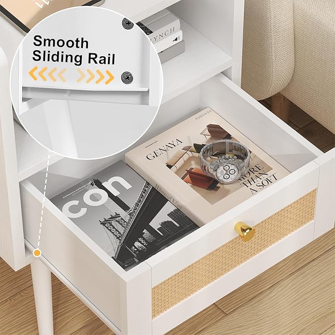 Nightstand Rattan with Charging Station, Mid Century Modern Bed Side Table - Image 5
