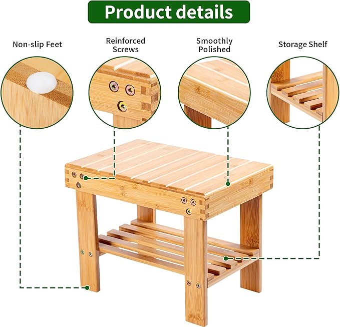 VaeFae Bamboo Small Seat Stool for Kids, Foot Rest Shaving Stool, Storage Shelf - Image 4