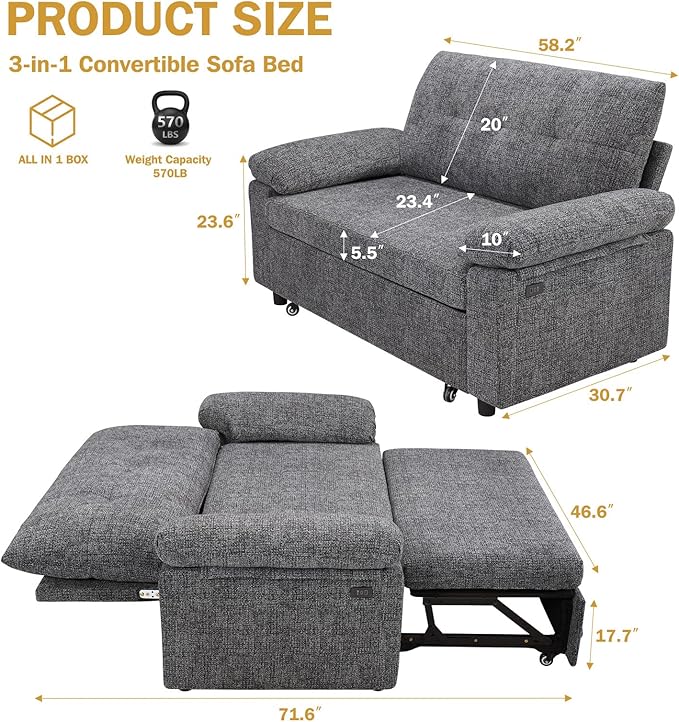 Vipbear 3-in-1 Chenile Convertible Sofa Bed, Pull Out Sleeper Sofa - Image 2