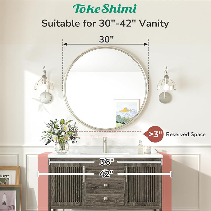 TokeShimi 30 Inch Brushed Nickel Mirror Round Tempered, Shatterproof Bathroom - Image 5