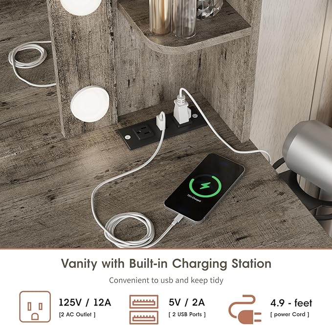 Vabches Vanity Desk with Mirror and Lights, Makeup Vanity Table with Charging - Image 5