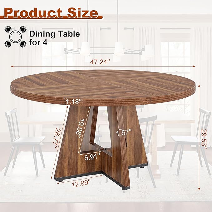Round Dining Table for 4, 47 Inch Dinner Table Farmhouse Wooden Circle Kitchen - Image 2