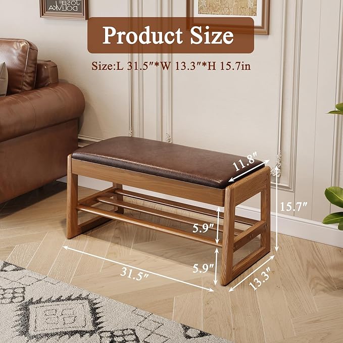 Shoe Rack Bench Seat Rubberwood 2-Tier Wooden Storage Bench 550lbs Compact - Image 2