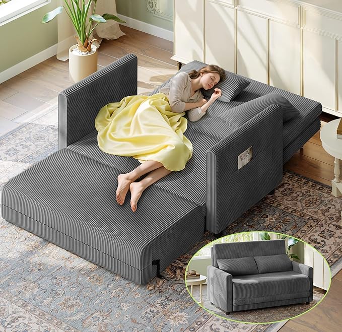 53” Convertible Sofa Bed Couch, Corduroy Couch Bed, 6-Position Loveseat Sleeper by WelzonaDirect