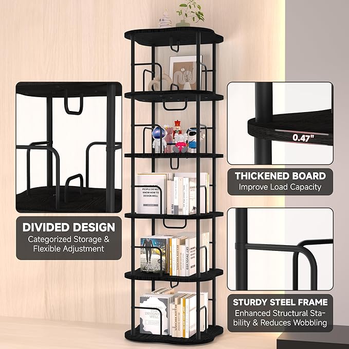 5-Tier Rotating Book Shelf, 360° Display Spinning Bookshelf Tower, Book - Image 4